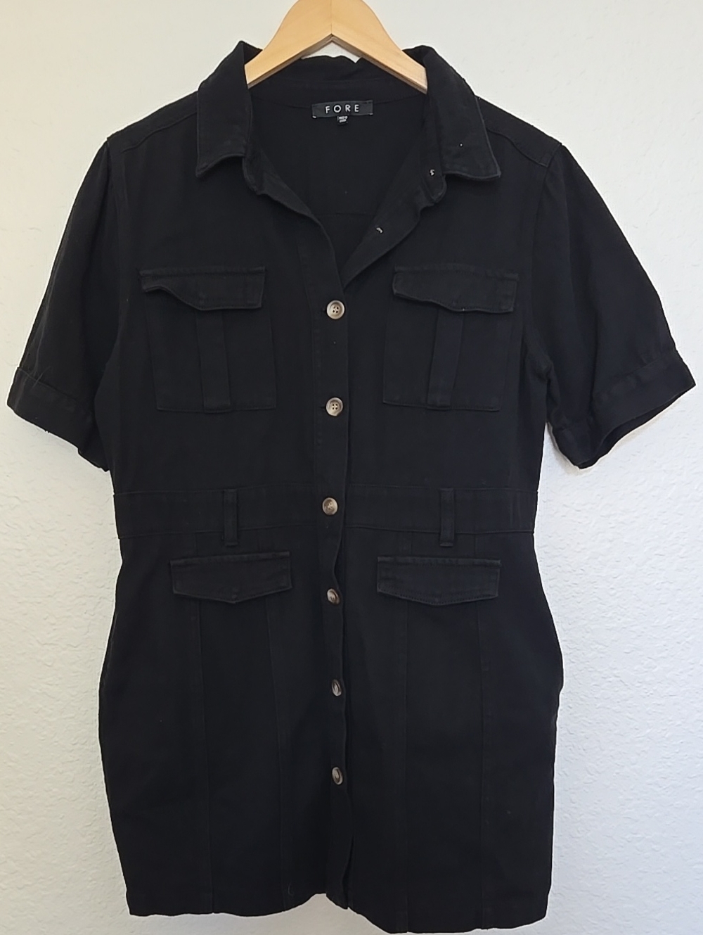 FORE Black Short-Sleeve Utility Mini Denim Pocketed Dress